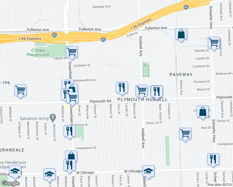 map of restaurants, bars, coffee shops, grocery stores, and more near 11643 Terry Avenue in Detroit