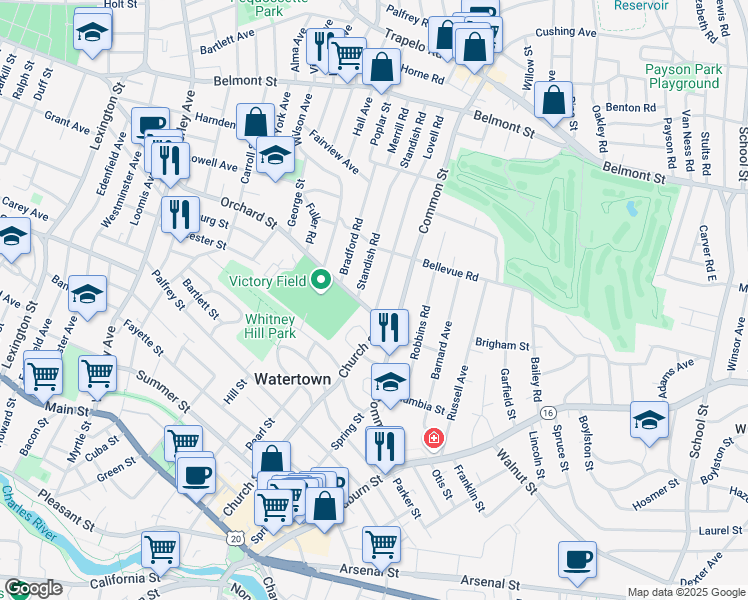 map of restaurants, bars, coffee shops, grocery stores, and more near 11 Lovell Road in Watertown