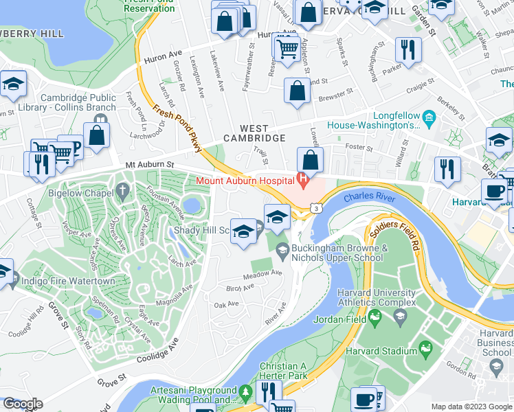 map of restaurants, bars, coffee shops, grocery stores, and more near 3 Gerrys Landing Road in Cambridge