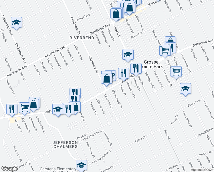 map of restaurants, bars, coffee shops, grocery stores, and more near 14415 East Jefferson Avenue in Detroit