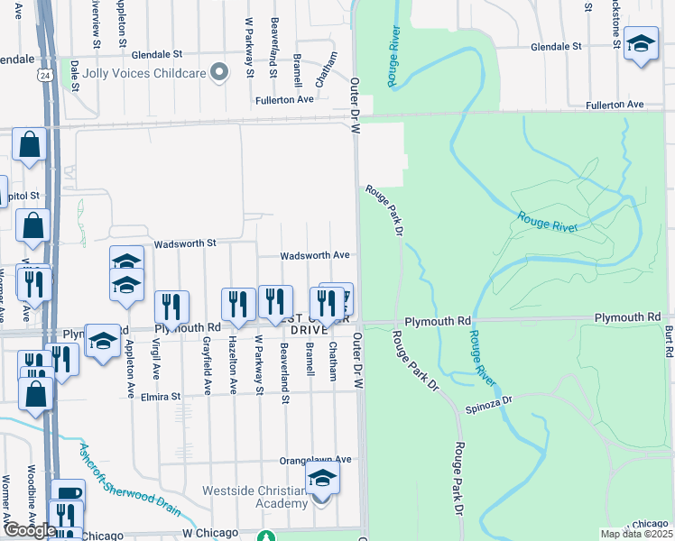 map of restaurants, bars, coffee shops, grocery stores, and more near 11724 Chatham in Detroit