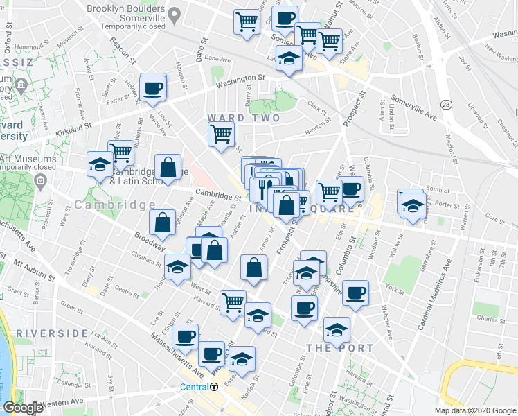 map of restaurants, bars, coffee shops, grocery stores, and more near 1384 Cambridge Street in Cambridge