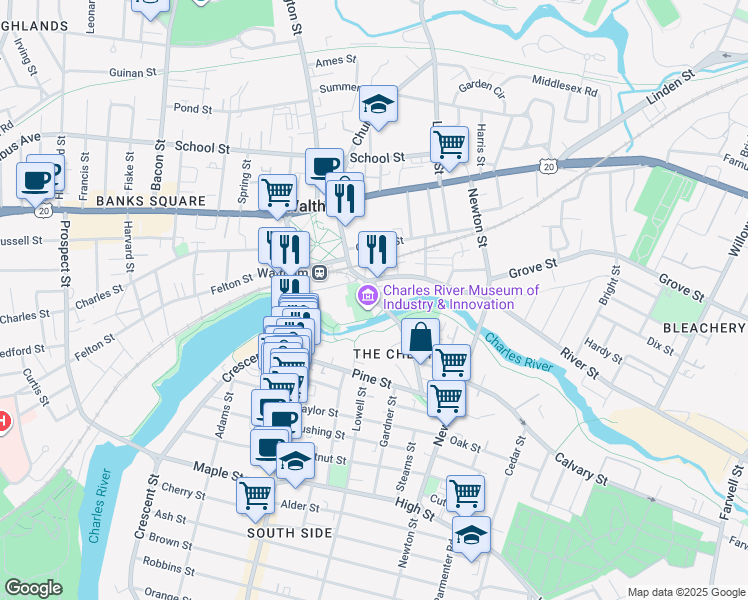 map of restaurants, bars, coffee shops, grocery stores, and more near 101 Elm Street in Waltham