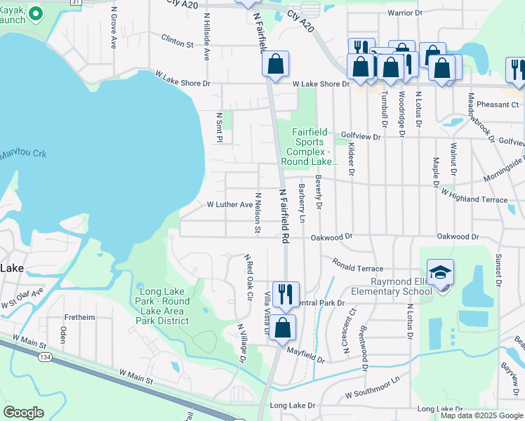 map of restaurants, bars, coffee shops, grocery stores, and more near 35111 Nelson Drive in Round Lake