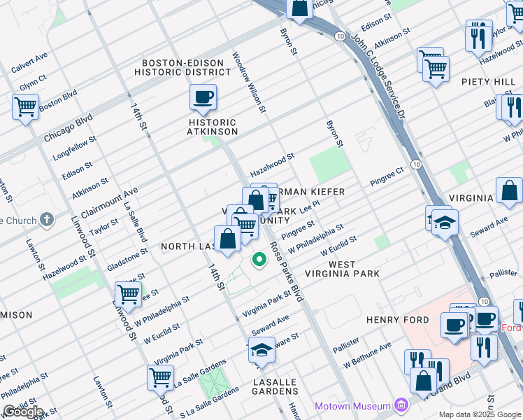 map of restaurants, bars, coffee shops, grocery stores, and more near 8700 Rosa Parks Boulevard in Detroit