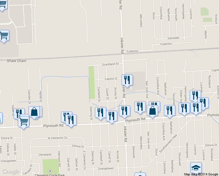 map of restaurants, bars, coffee shops, grocery stores, and more near 12108 Cavell St in Livonia