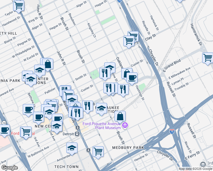 map of restaurants, bars, coffee shops, grocery stores, and more near 7431 Beaubien Boulevard in Detroit