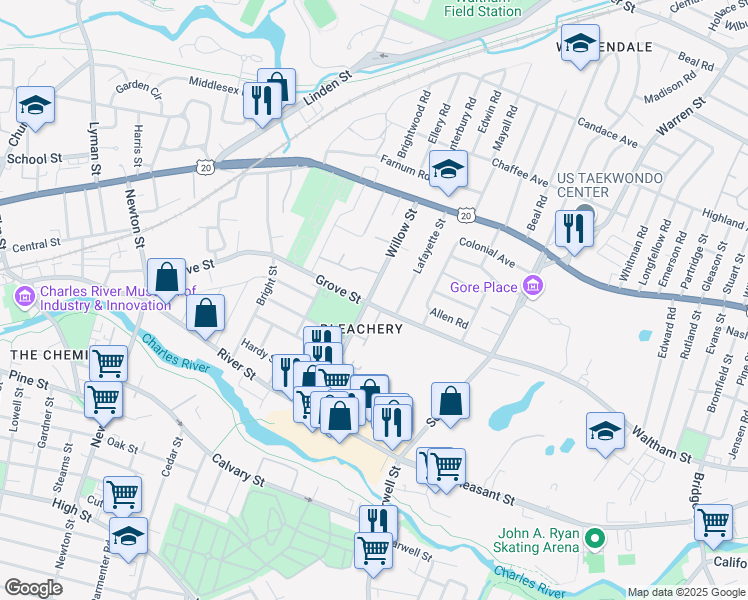 map of restaurants, bars, coffee shops, grocery stores, and more near 100 Willow Street in Waltham