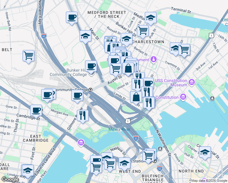 map of restaurants, bars, coffee shops, grocery stores, and more near 62 Union Street in Boston