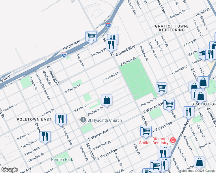 map of restaurants, bars, coffee shops, grocery stores, and more near 3604 East Ferry Street in Detroit