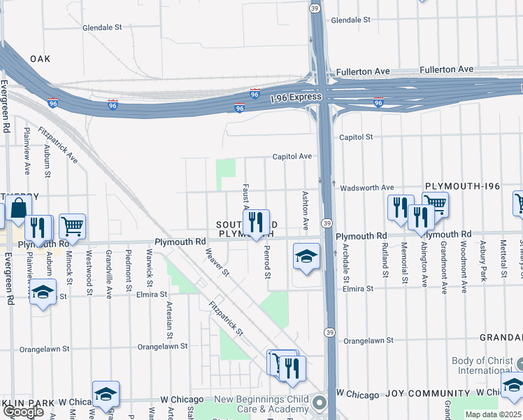 map of restaurants, bars, coffee shops, grocery stores, and more near 11683 Penrod Street in Detroit