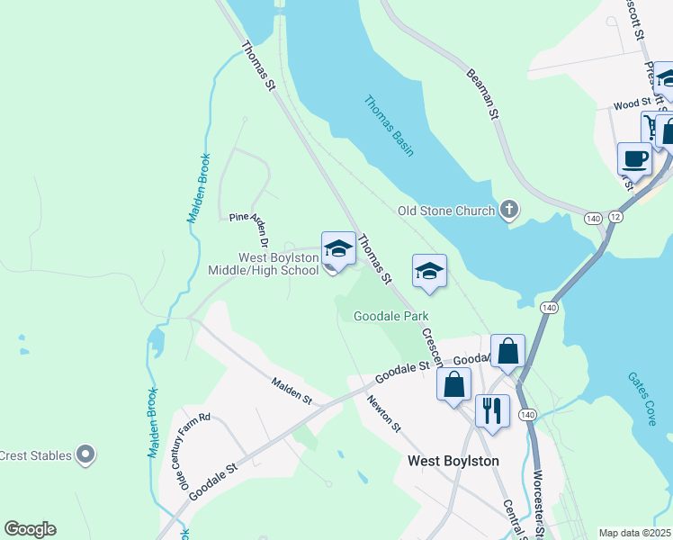 map of restaurants, bars, coffee shops, grocery stores, and more near 125 Crescent Street in West Boylston