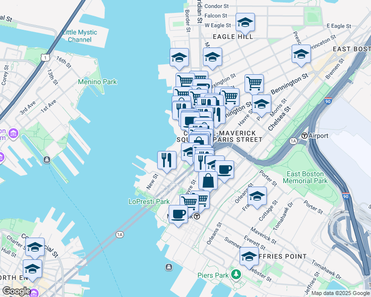 map of restaurants, bars, coffee shops, grocery stores, and more near 152-154 Liverpool Street in Boston