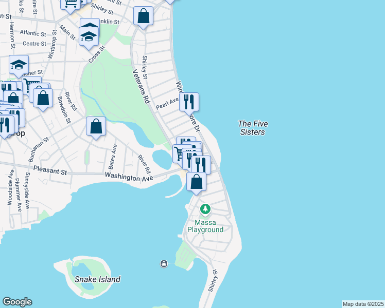 map of restaurants, bars, coffee shops, grocery stores, and more near 18 Irwin Street in Winthrop