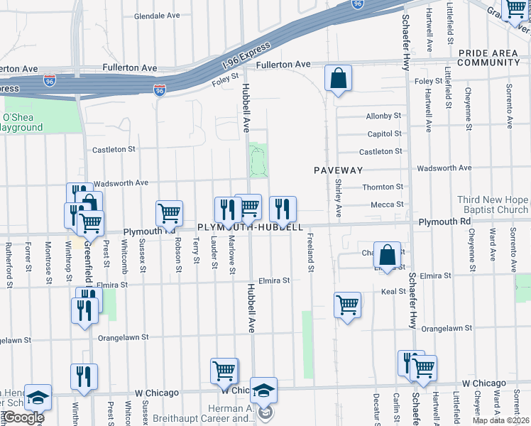 map of restaurants, bars, coffee shops, grocery stores, and more near 11637 Strathmoor Street in Detroit