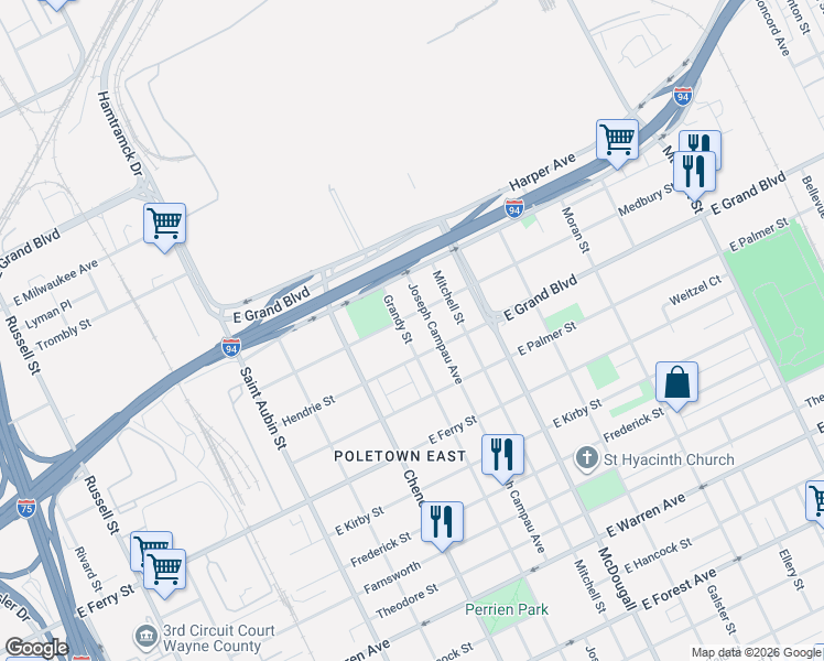 map of restaurants, bars, coffee shops, grocery stores, and more near 5850 Grandy Street in Detroit