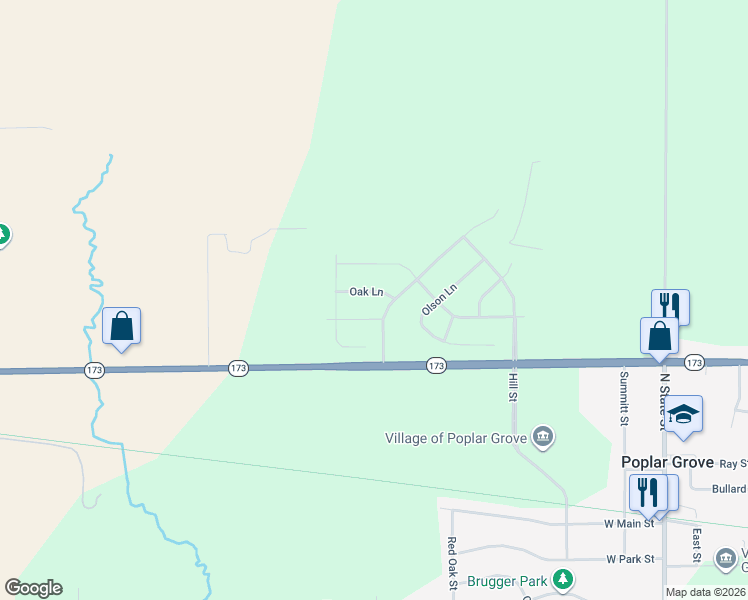 map of restaurants, bars, coffee shops, grocery stores, and more near 509 Oak Lane in Poplar Grove