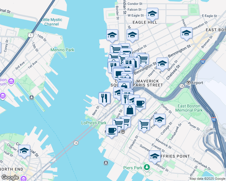 map of restaurants, bars, coffee shops, grocery stores, and more near 120-122 Border Street in Boston