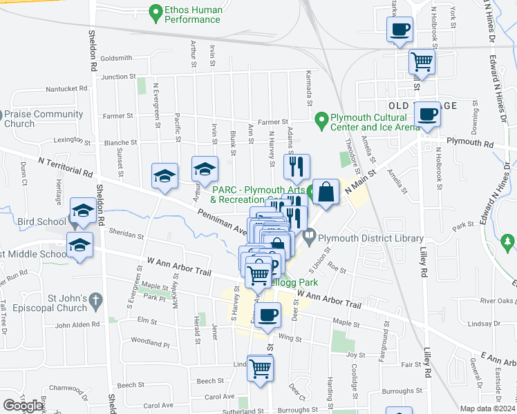 map of restaurants, bars, coffee shops, grocery stores, and more near 876 Church Street in Plymouth