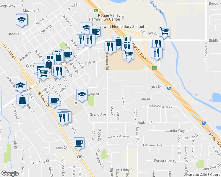 map of restaurants, bars, coffee shops, grocery stores, and more near 465 Freeman Rd in Central Point