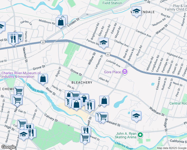 map of restaurants, bars, coffee shops, grocery stores, and more near 88 Lafayette Street in Waltham