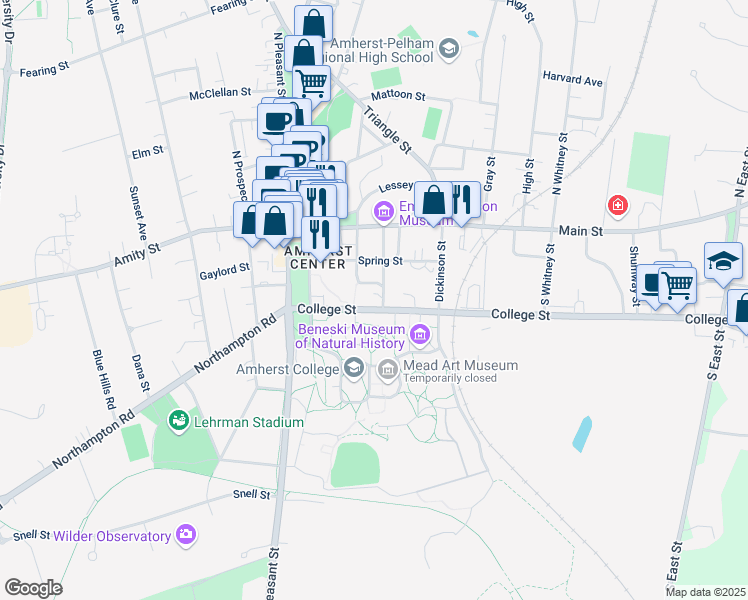 map of restaurants, bars, coffee shops, grocery stores, and more near 56 College Street in Amherst