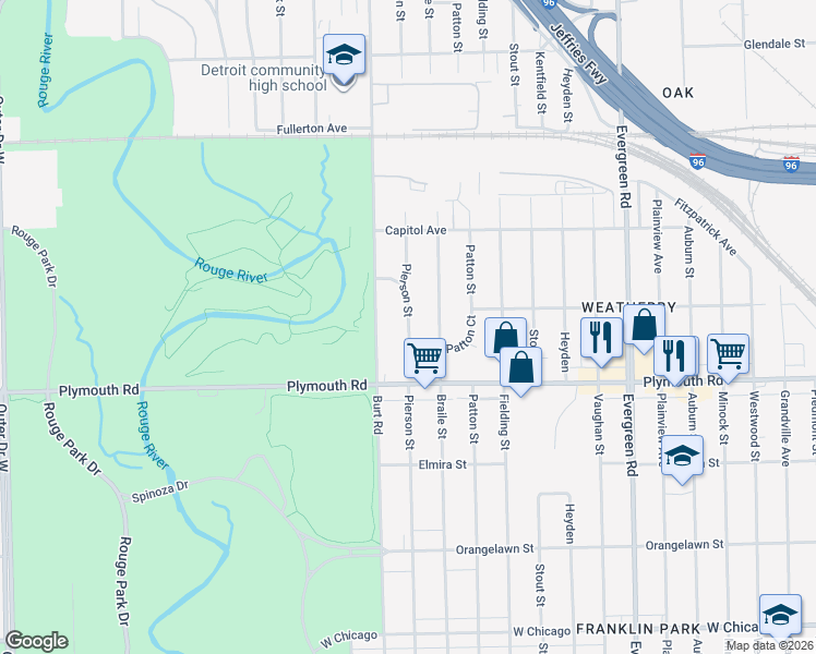 map of restaurants, bars, coffee shops, grocery stores, and more near 11745 Pierson St in Detroit