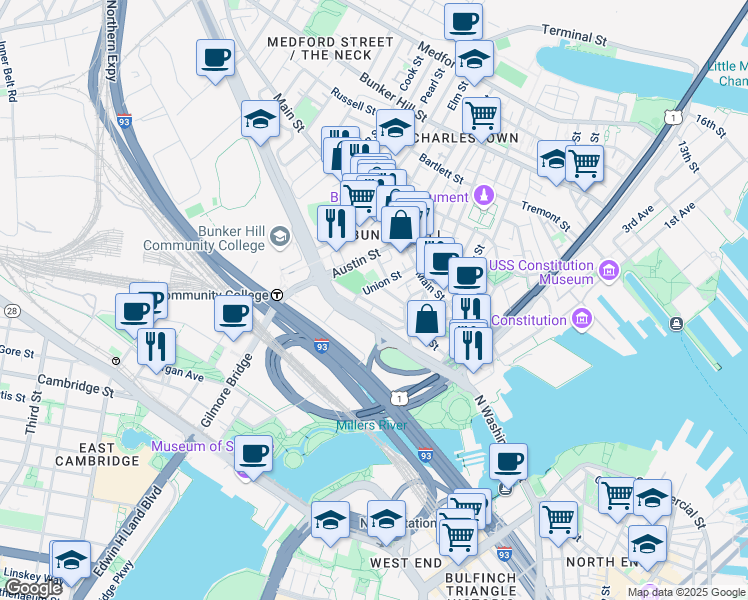 map of restaurants, bars, coffee shops, grocery stores, and more near 57 North Washington Street in Boston