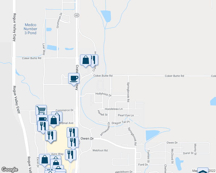 map of restaurants, bars, coffee shops, grocery stores, and more near 3939 Arrowhead Drive in Medford