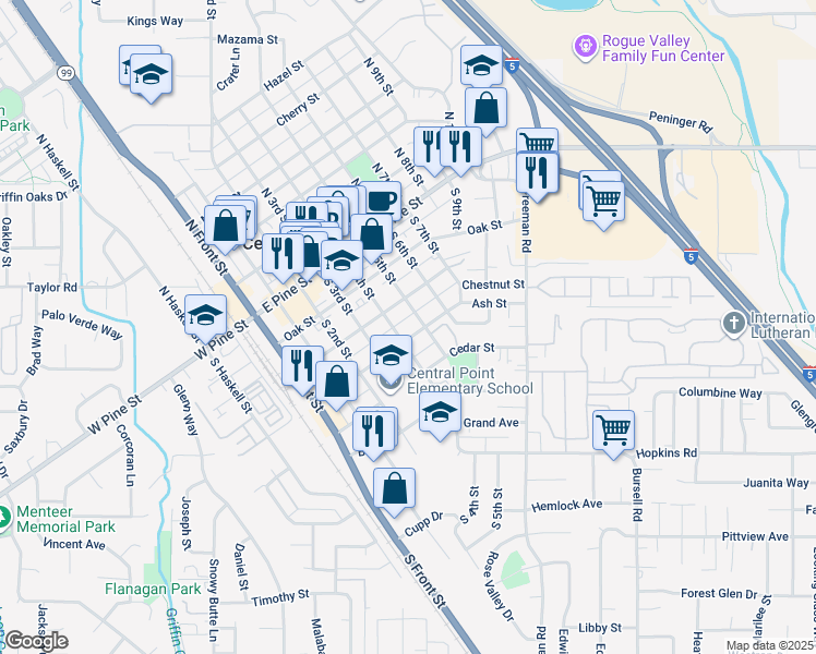 map of restaurants, bars, coffee shops, grocery stores, and more near 437 Ash Street in Central Point