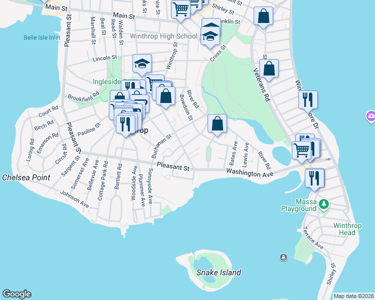 map of restaurants, bars, coffee shops, grocery stores, and more near 87 Winthrop Street in Winthrop