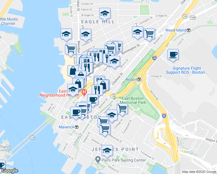 map of restaurants, bars, coffee shops, grocery stores, and more near in Boston