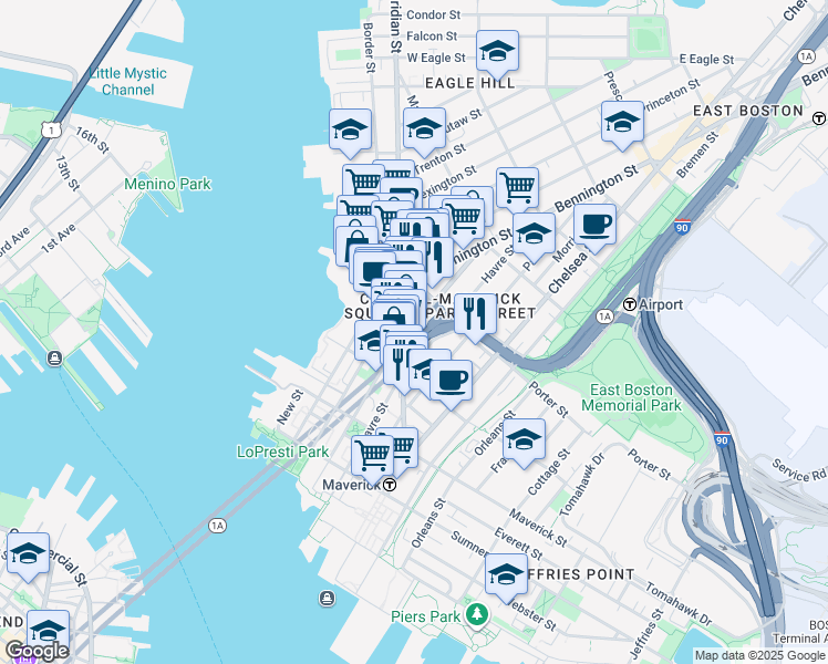 map of restaurants, bars, coffee shops, grocery stores, and more near 135 London Street in Boston