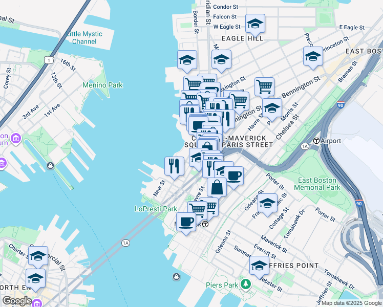 map of restaurants, bars, coffee shops, grocery stores, and more near 152-154 Liverpool Street in Boston