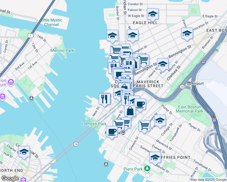 map of restaurants, bars, coffee shops, grocery stores, and more near 120-122 Border Street in Boston