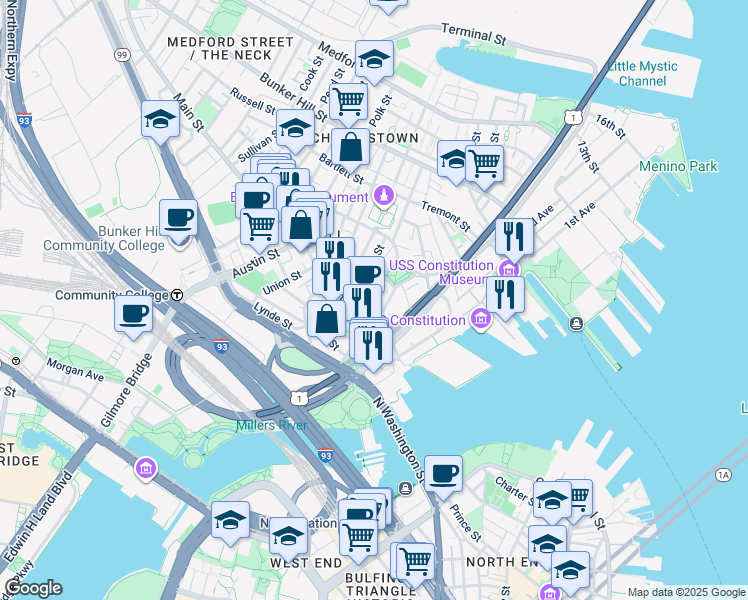 map of restaurants, bars, coffee shops, grocery stores, and more near 39-49 Warren Street in Boston