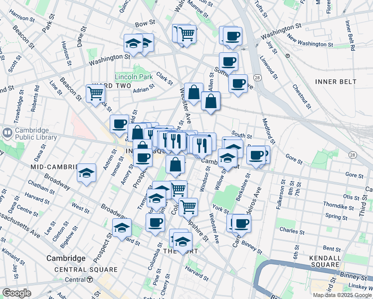 map of restaurants, bars, coffee shops, grocery stores, and more near 299 Elm Street in Cambridge