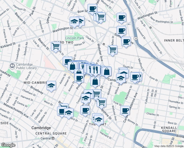 map of restaurants, bars, coffee shops, grocery stores, and more near 109 Tremont Street in Cambridge