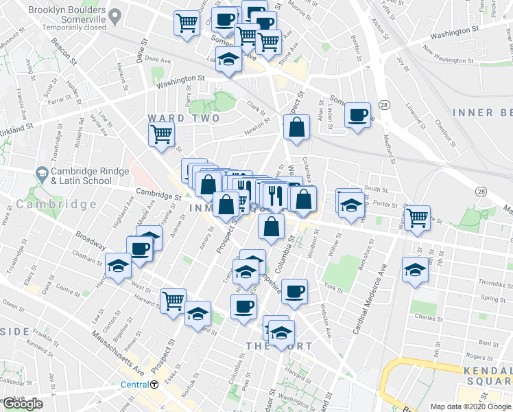map of restaurants, bars, coffee shops, grocery stores, and more near 107 Tremont Street in Cambridge