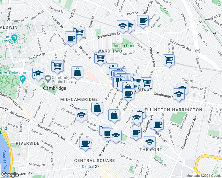 map of restaurants, bars, coffee shops, grocery stores, and more near 139 Antrim Street in Cambridge