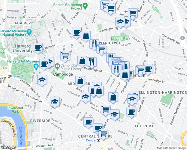 map of restaurants, bars, coffee shops, grocery stores, and more near 10 Marie Avenue in Cambridge