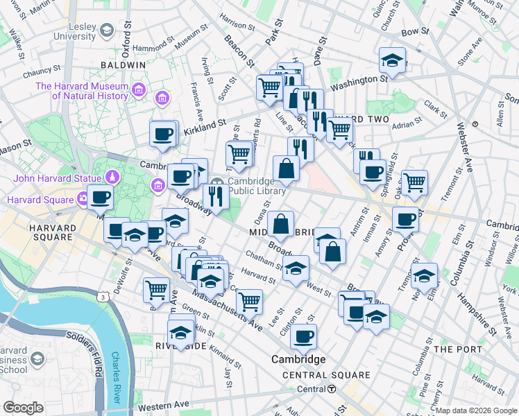 map of restaurants, bars, coffee shops, grocery stores, and more near 66 Dana Street in Cambridge