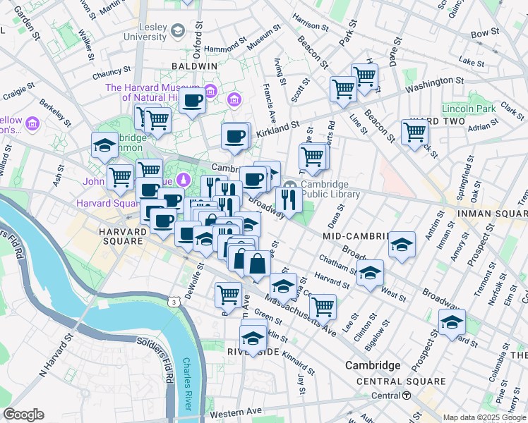 map of restaurants, bars, coffee shops, grocery stores, and more near 459 Broadway in Cambridge