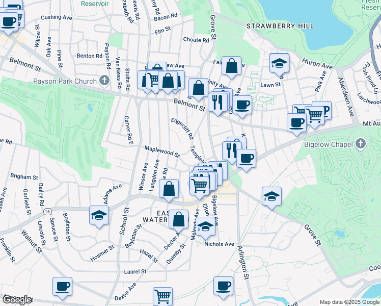 map of restaurants, bars, coffee shops, grocery stores, and more near 17 Edgecliff Road in Watertown