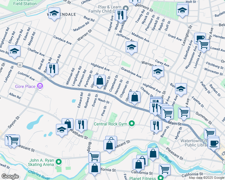 map of restaurants, bars, coffee shops, grocery stores, and more near 12 Copeland Street in Watertown