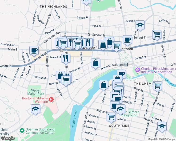 map of restaurants, bars, coffee shops, grocery stores, and more near 23 Williams Street in Waltham