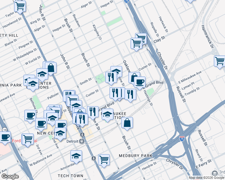 map of restaurants, bars, coffee shops, grocery stores, and more near 7431 Beaubien Boulevard in Detroit