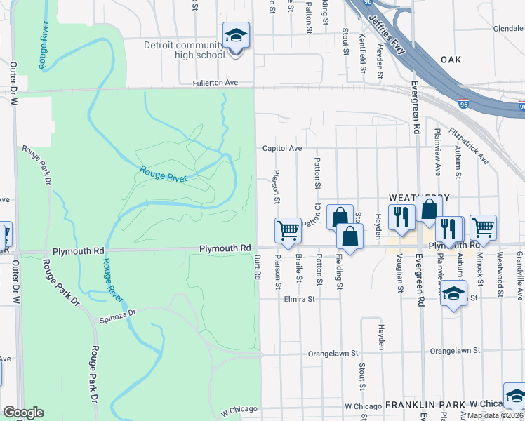 map of restaurants, bars, coffee shops, grocery stores, and more near 11745 Pierson Street in Detroit