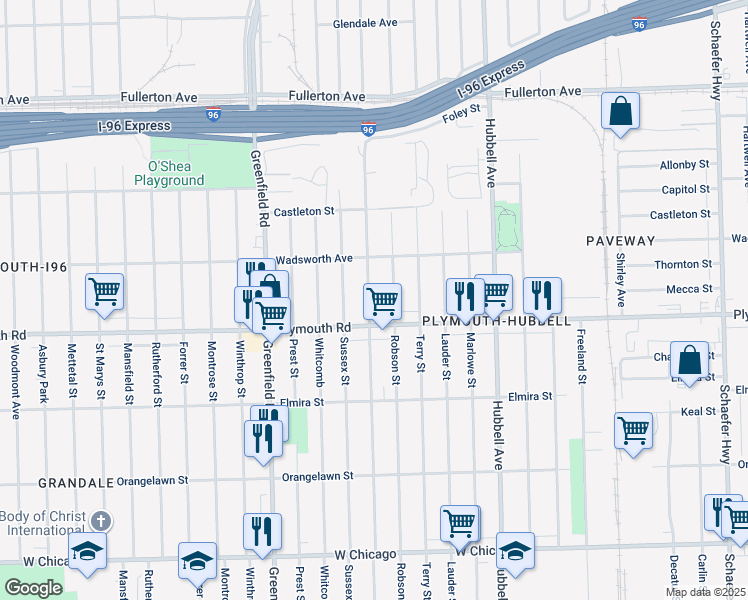 map of restaurants, bars, coffee shops, grocery stores, and more near 11652 Coyle Street in Detroit