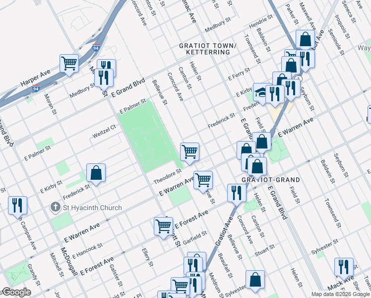 map of restaurants, bars, coffee shops, grocery stores, and more near 5151 Bellevue Street in Detroit